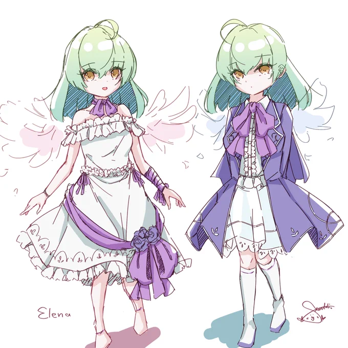 うちのこの全身図。別パターンの服装も考えてみたり。 