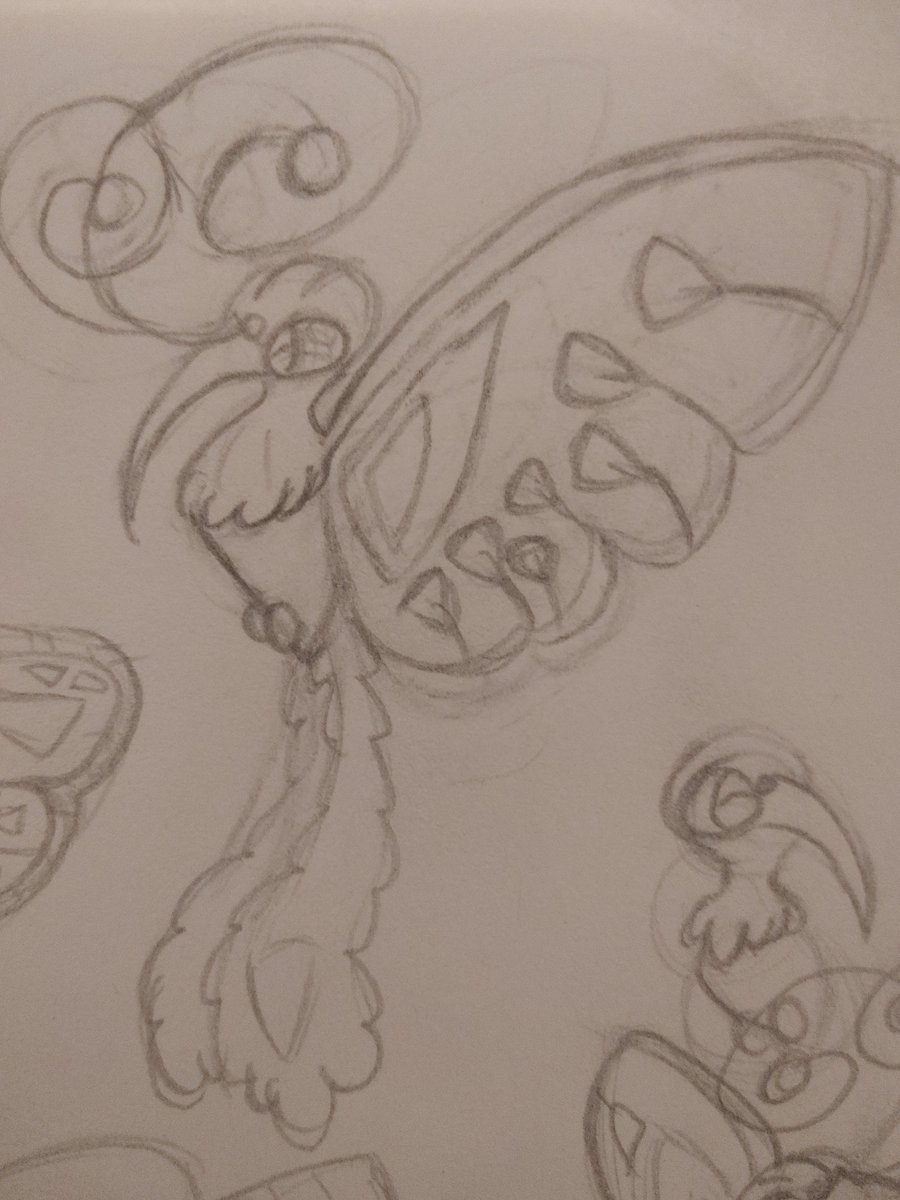 fakemongos875's tweet photo. Here's my submission for a bug type legendary bird, alongside some initial sketches; Maritrece (using the Spanish word for butterfly; mariposa).    
Maritrece migrate great distances, spreading a special pollen to help deliver spring to lands ravaged by winter storms.
 #300kMagik https://t.co/Ac3juzQAFB