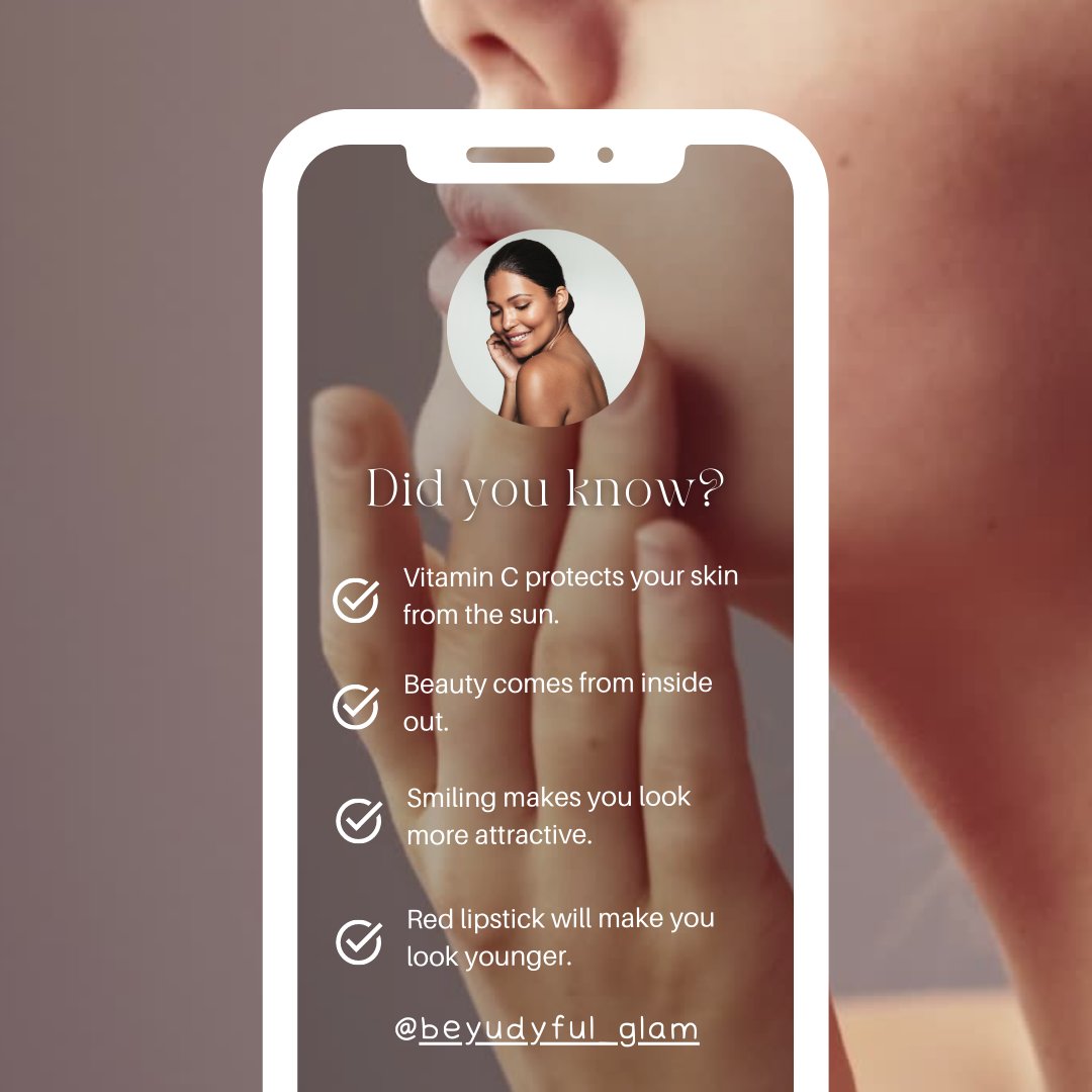 BeYudyFulGlam's tweet photo. Did you know?

- Beauty comes from the inside out.

- Vitamin C protects your skin from the sun.

- Smiling makes you look more attractive.

- Red lipstick will make you look younger.

#makeuplover #newjerseymakeupartist #njmakeup #njmakeupartist #newjerseymakeupartist https://t.co/890CeI2Slx