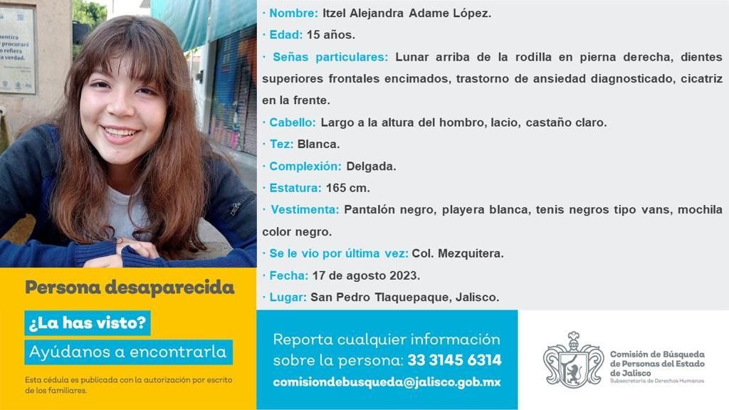 #Desaparecida #Jalisco
Si tienes información llama al 3331456314 o contacta a <a href="/BusquedaJal/">Comisión de Búsqueda de Personas de Jalisco</a>