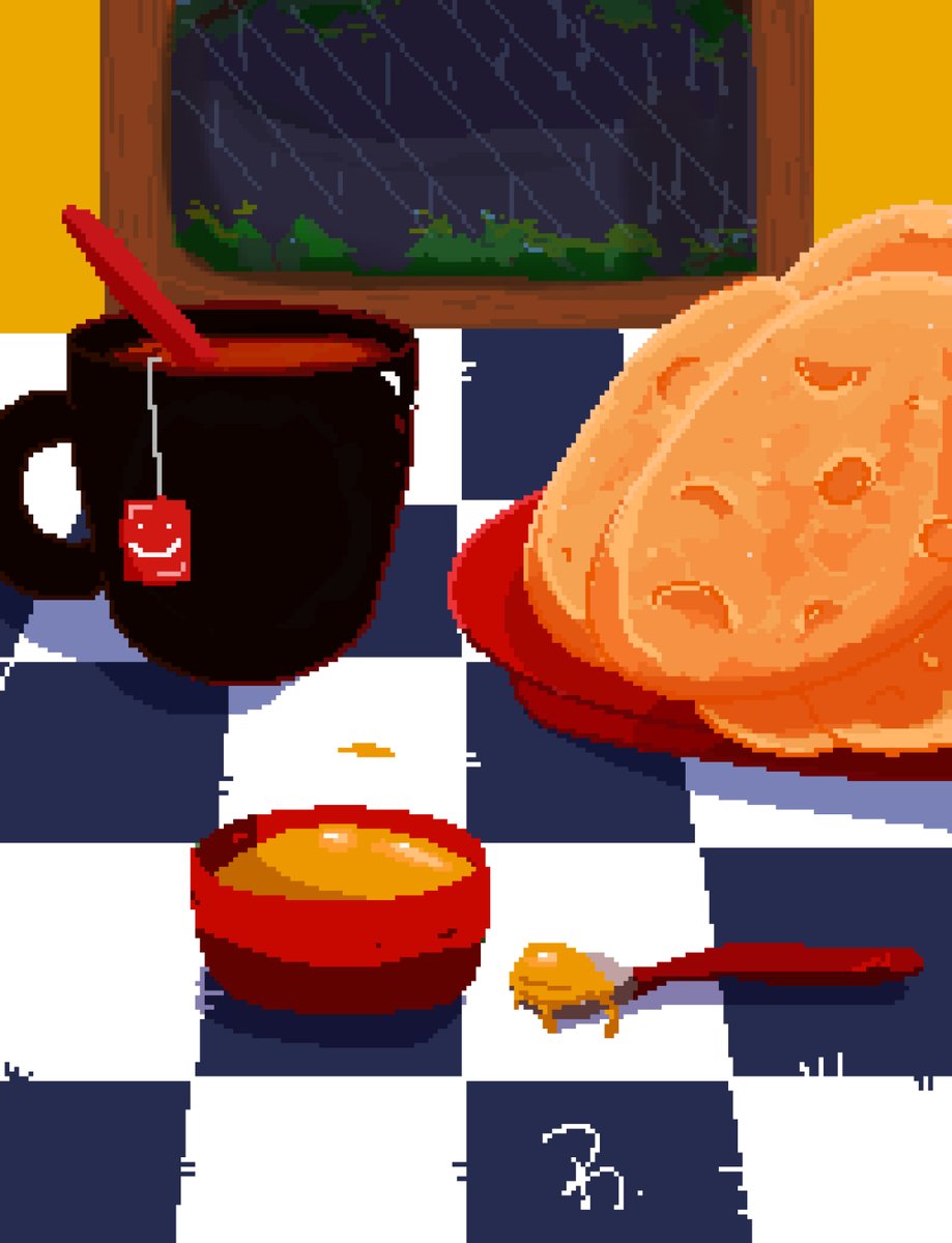 ravenn_arts's tweet photo. Una merienda argentina en una tarde lluviosa.
#pixelart #art #pixel8   #tortafrita #te #taragui https://t.co/G9lVrnGCFq