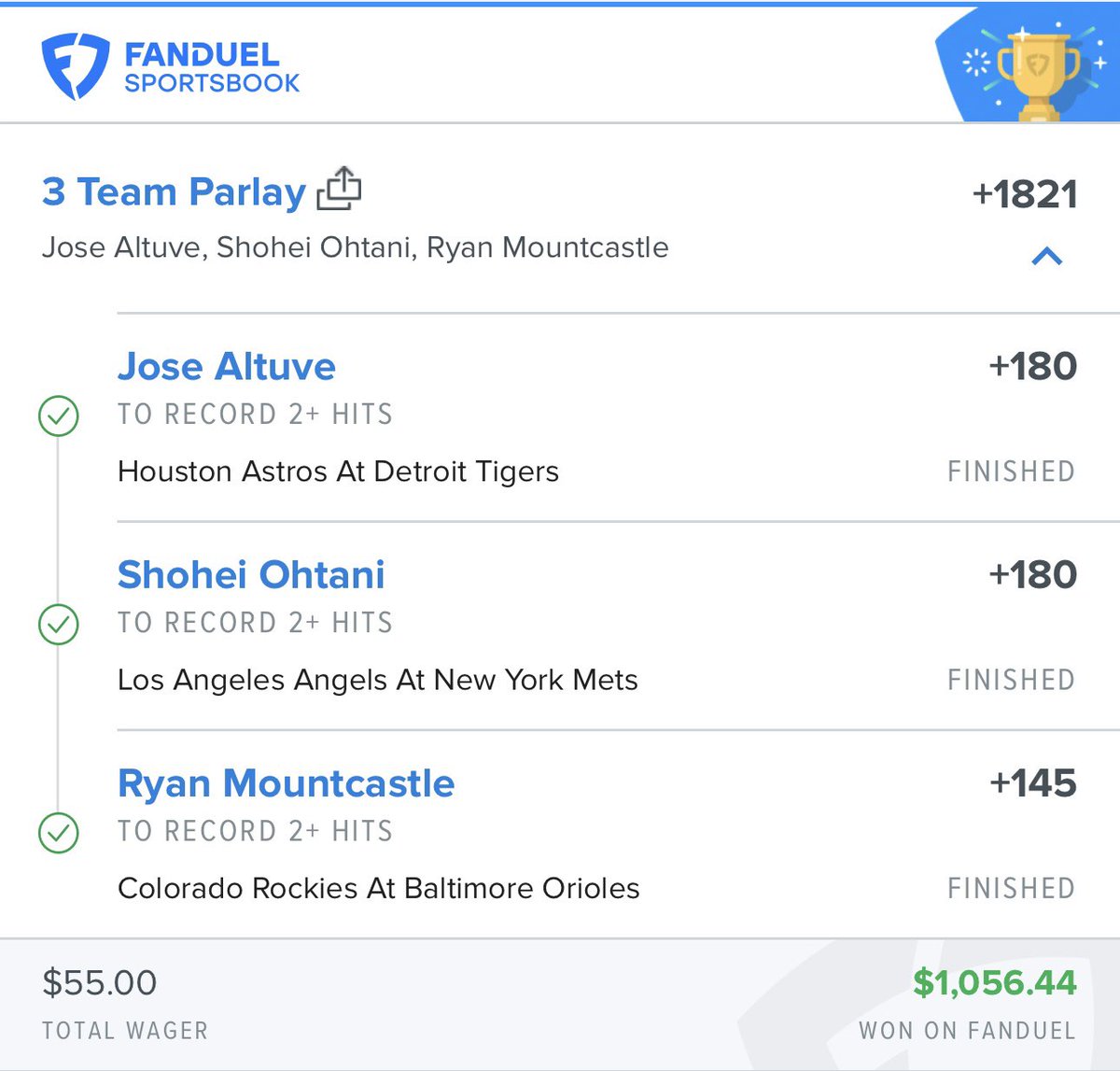 Electrifying win for VIP 🌟 (+1821) 

$55 -> $1,000 ✅✅

Posted on <a href="/VIPsmartplays/">SmartPlays • VIP</a> 
Join the VIP team here -> Smartplaysdaily.ca