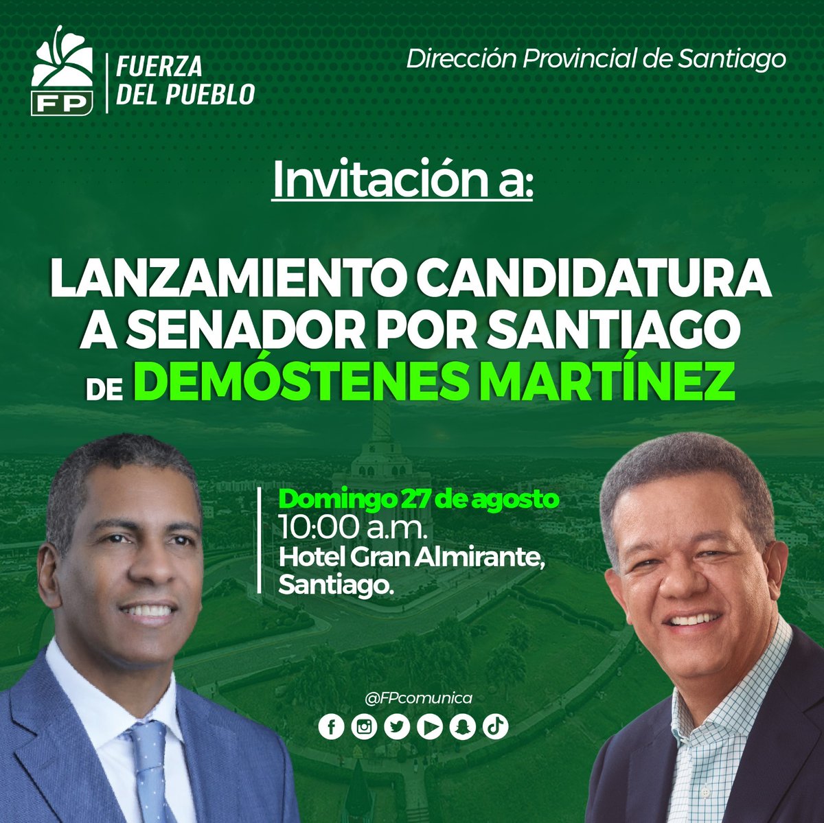 Santiago se sentirá orgulloso de tener @demostenesm como su Senador #FPComunica #FuerzaDelPueblo con todos listo ✅️ para su lanzamiento @HipolitoMar2020