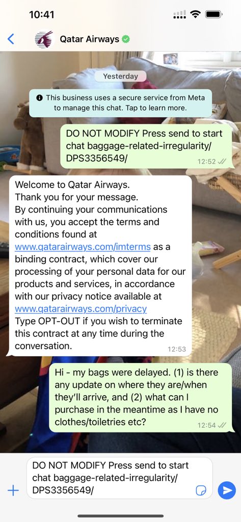 Timtrailor's tweet photo. @SimonCalder @guardian @thetimes @TheTelegraphUK @DailyMailUK @TheSun @FinancialTimes @MetroUK I tried contacting the baggage team with the link in that email. That gets me to the same WhatsApp chat as I’d already tried the day before (but which no-one had responded to). @qartarairways @qrsupport - pls get your act together! How do I actually contact anyone!! https://t.co/UT0lJgY7Cp
