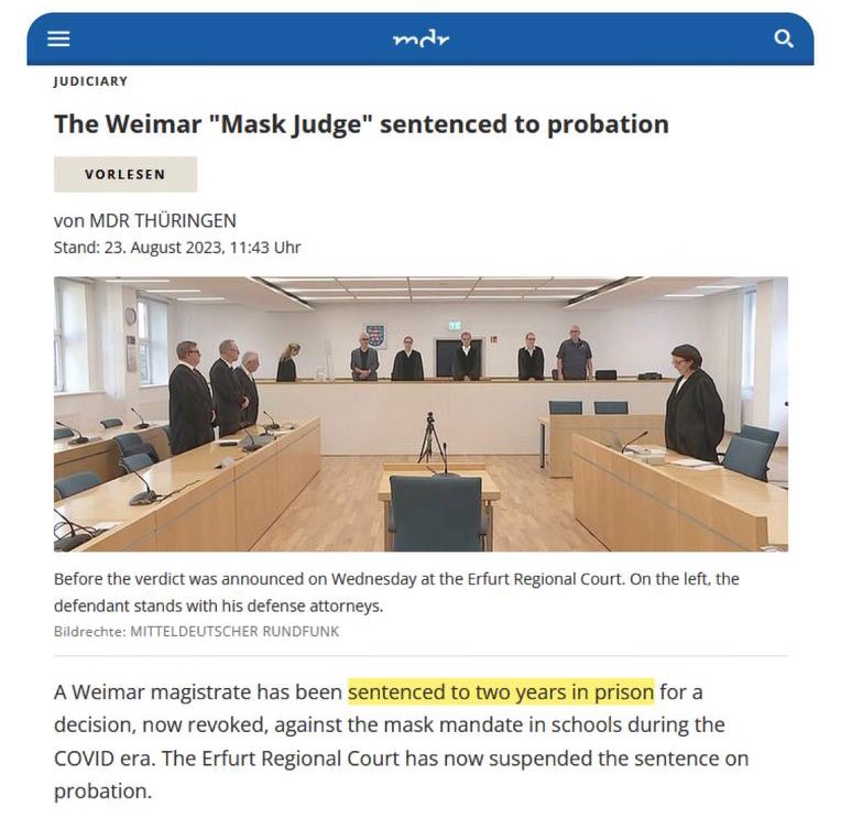 DiedSuddenly_'s tweet photo. The German judge who lifted the mask mandate for children in schools was sentenced to two years in prison this week for the decision. 

Those who defended are rights are being punished for it. 

Never forget this. https://t.co/orzbrM9bMe