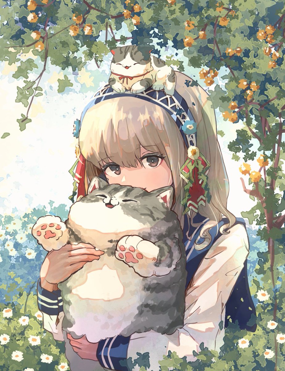 1girl flower animal cat holding long sleeves holding animal  illustration images
