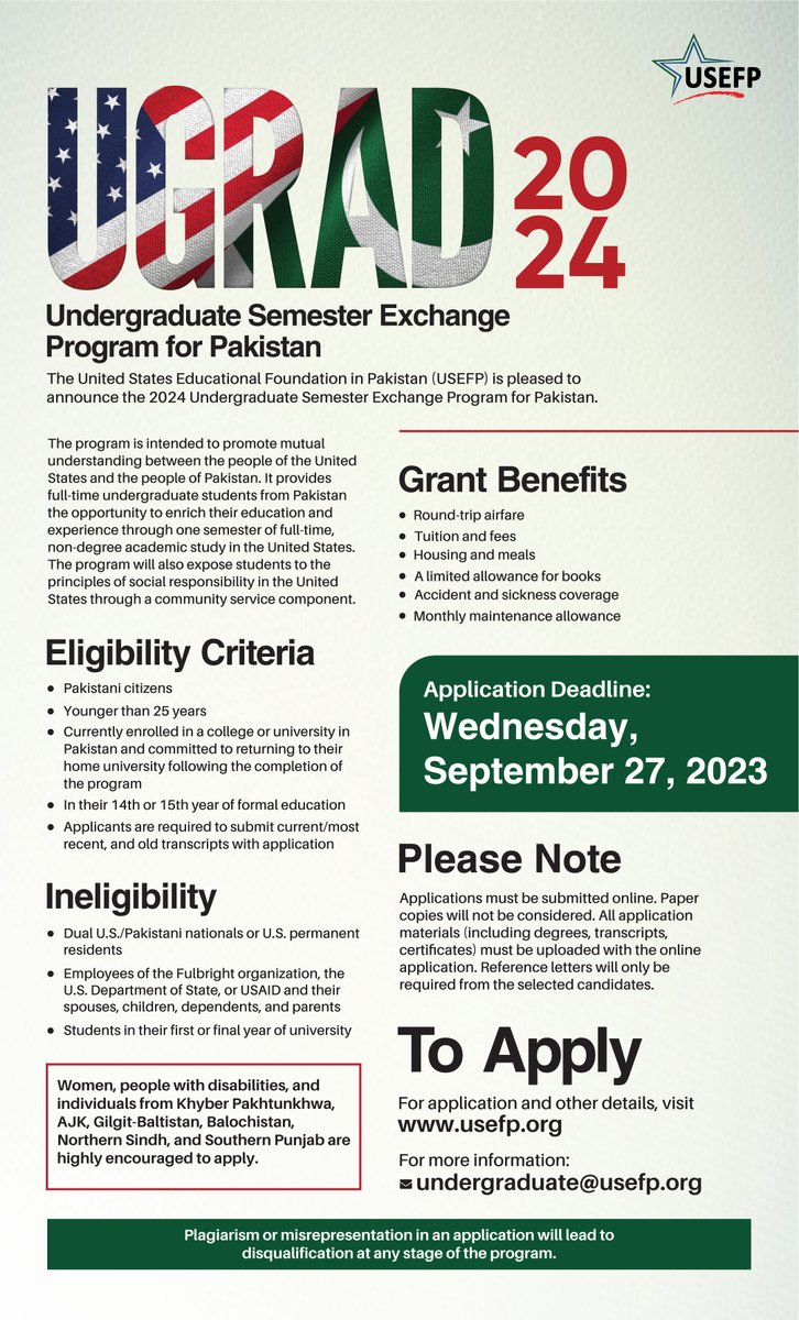 USEFP (@usefp) on Twitter photo Calling undergraduate students in Pakistan!
#USEFP is currently accepting applications for the 2024 Undergraduate Semester Exchange Program.
Application Deadline is September 27, 2023
To apply, visit usefp.org
📧undergraduate@usefp.org
#UGRAD #USPAK #Scholarship Calling undergraduate students in Pakistan!
#USEFP is currently accepting applications for the 2024 Undergraduate Semester Exchange Program.
Application Deadline is September 27, 2023
To apply, visit usefp.org
📧undergraduate@usefp.org
#UGRAD #USPAK #Scholarship