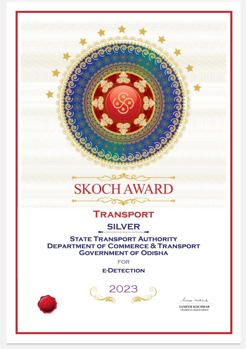 Shri Dipti Patra, JCT, Technical, received the #SKOCHAward 'Silver Certificate' for 'E-Detection' on behalf of STA,Odisha during the 94th SKOCH Summit at New Delhi. It helps to electronically detect movement of offensive vehicles & increase the #RoadSafety index in #Odisha.