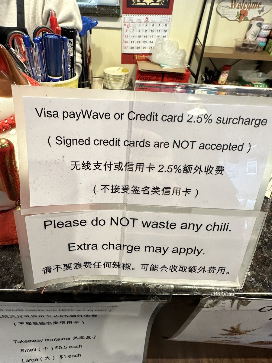 thkeith's tweet photo. @mrbrown Unless you’re travelling in NZ! I’m appalled they pass the transaction fees to users just for doing paywave!!

This is not isolated to Asian grocers/eateries. Cafes and all charge between 1.2-2%. https://t.co/R7vVR3ECC7