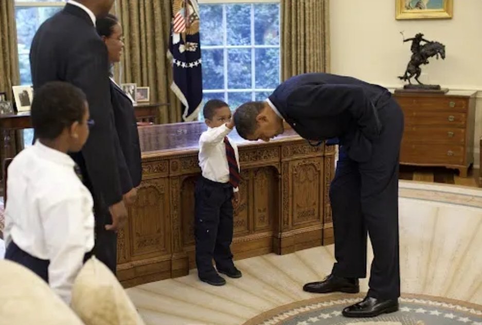 The little boy asked President Obama if his hair was like his, so he bent over and let him touch it. I miss @BarackObama/@POTUS44. But I'm glad @POTUS Biden is there now. 🤗