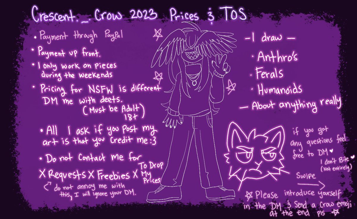 crow_crescent's tweet photo. 🪷 2023 Commission Prices 🪷
More details on my Instagram description but eyyo a decent commission page! To showcase everything I have to offer 
🐦‍⬛🔪 #commisionsopen #commissionprice 🐦‍⬛🔪
🌙You gotta send a Crow emoji to be legit to me when you DM 🌙 https://t.co/tIMn1NWldL