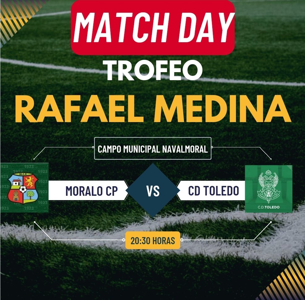 MATCH DAY
📅 27-08 
🕓 20'30 Horas
🏟 Municipal de Navalmoral 
✅️ <a href="/CD_Toledo/">C.D. Toledo 🦅💚⚪️</a>
💲General 5€
Juvenil de 14 a 18 años 2€
Menores de 14 años gratis
Socios y Abonados GRATIS
📍Navalmoral de la Mata (Cáceres)