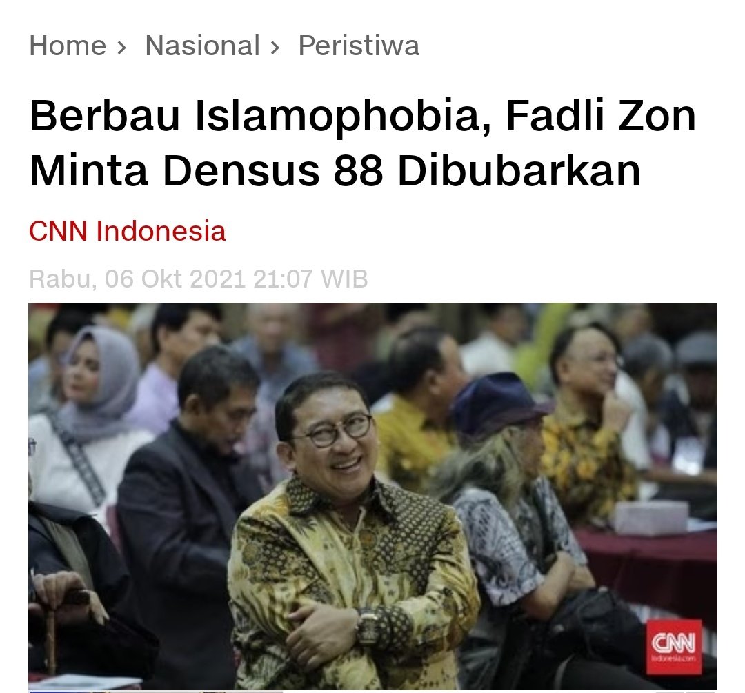 Jika Prabowo menang, pembubaran Densus 88 bisa dipastikan terwujud.
Fadli Zon yang mewakili Gerindra dan kubu Prabowo anggap Densus 88 gerakan Islamophobia yang sengaja dibentuk pemerintah untuk memusuhi umat Islam.
#MenolakLupa