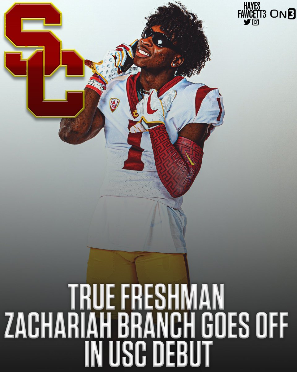 Zachariah Branch put up CRAZY numbers in USC debut: -Four Catches -58 Yards -1 REC TD -96 Yard Kickoff Return TD -232 all-purpose yards -1st Trojan with a REC TD & KR TD in the same game since Adoree’ Jackson (2016) -1st True Freshman with a KR TD since 2014 (A. Jackson)…