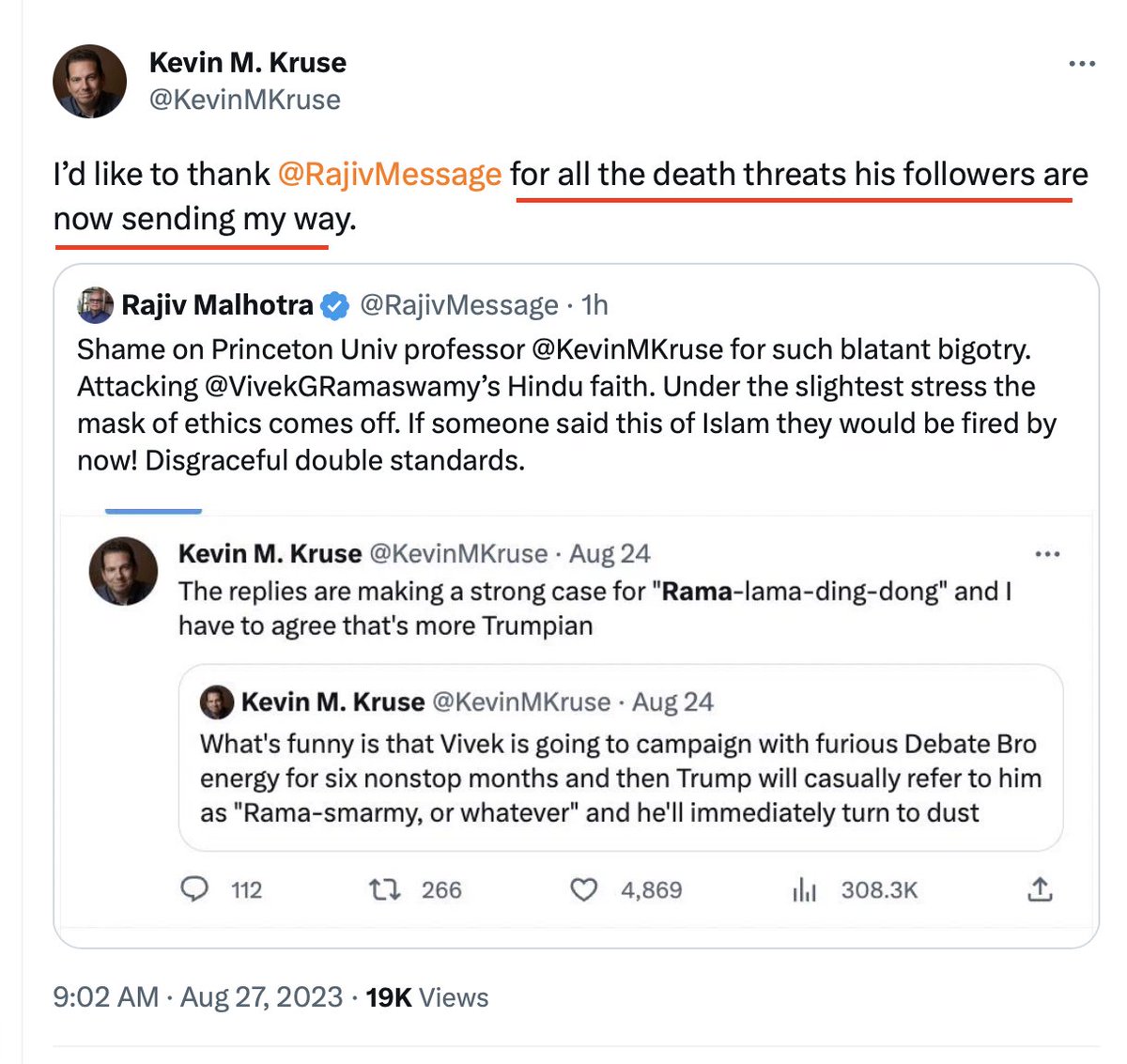 HinduHate's tweet photo. An Ivy League professor making fun of Vivek Ramaswamy's name. Plays victim when his hatred and bigotry gets called out. Do you really want to send your children to study under people who have no respect for your name let alone religion? https://t.co/oMO3yrRcMf