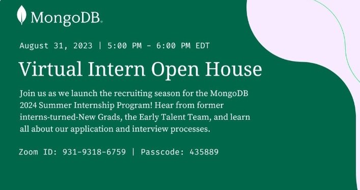 anish_dubey_'s tweet image. 🚀 Calling all tech students! 📚 Join @MongoDB&apos;s Open House virtual event. 🌟🗣️ 
Hear from MongoDB pros 🙋‍♂️ Engage with former interns 💼 Learn how to ace interviews. 
RSVP now! Your chance to join the MongoDB team awaits! 🌐#MongoDBOpenHouse #TechStudents #CareerOpportunity