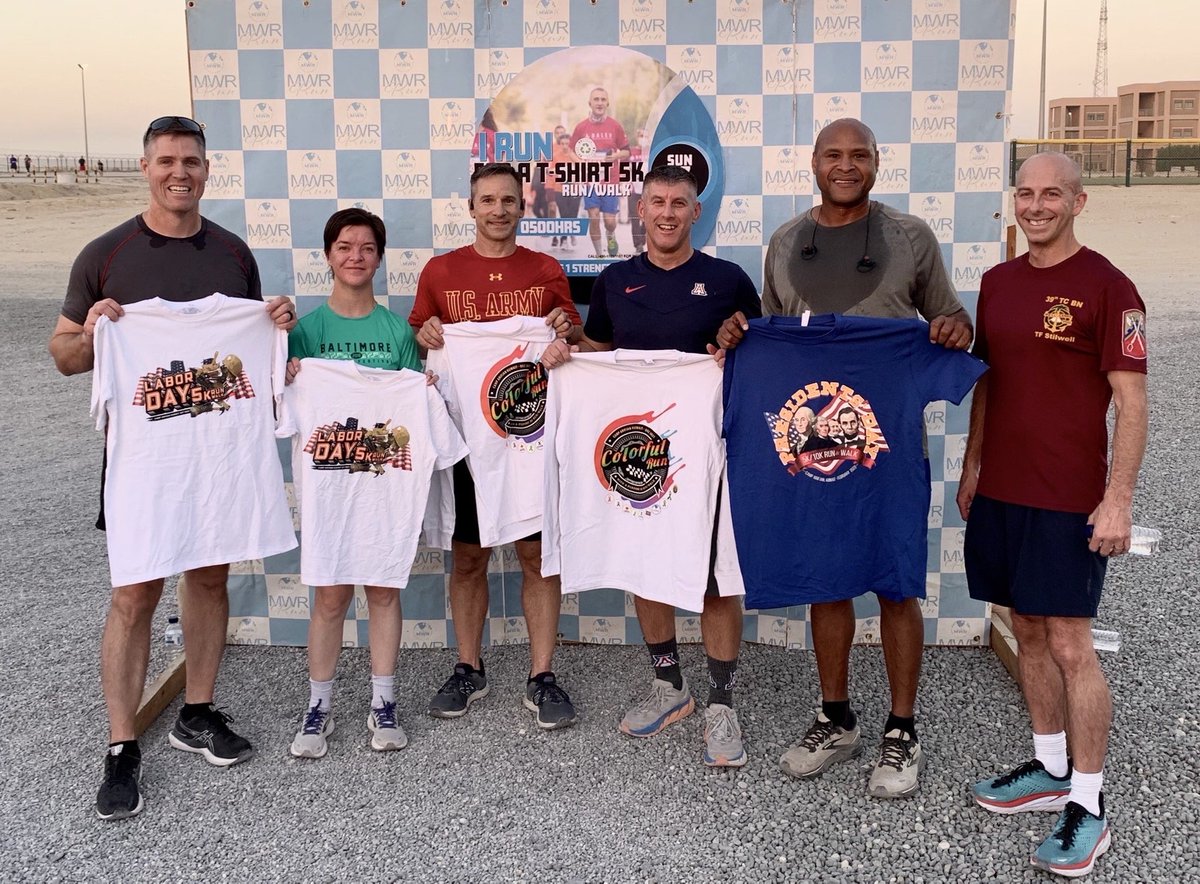 Task: Run for distance of 5k

Purpose: Get another deployment run t-shirt

Too easy! 🫡

Leaders across the 1st TSC OCP started their Sunday morning with another great run at Camp Arifjan, Kuwait. 

#FirstTeam #SustainingVictory
