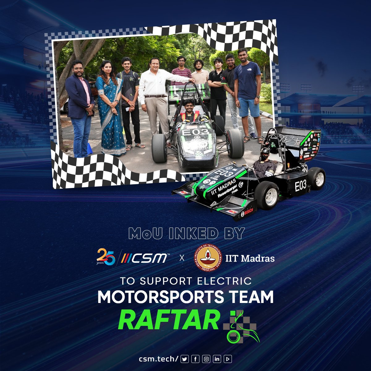 CSMTechnologies's tweet photo. CSM and IIT-Madras have crafted a game-changing partnership to power Raftar, the EV Motorsports Team of the institute. We now share the vision - building world's fastest electric autonomous car, with complete hardware and software stack built indigenously by 2025.

#CSMxRaftar. https://t.co/pjC5Hz56BV