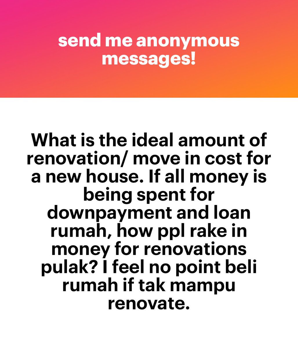 Sebab tu aku cakap, beli rumah ni banyak gila hidden cost. Ada duit cukup barulah beli rumah. Tapi ye la aku cakap camni nanti banker marah cakap aku takutkan orang beli rumah 🤣

But for real, masa aku beli rumah aku tak renovate pun. My major installation is just my kitchen