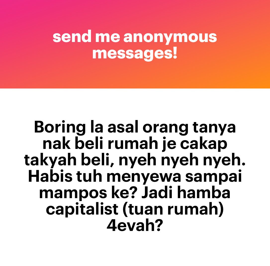 chairmanGLC's tweet photo. Apa salahnya menyewa sampai mampos? Bukan hina pun menyewa. Kau ingat kau beli rumah tu kau bukan hamba kapitalis? 🤣 https://t.co/Y6LvCxOjlX