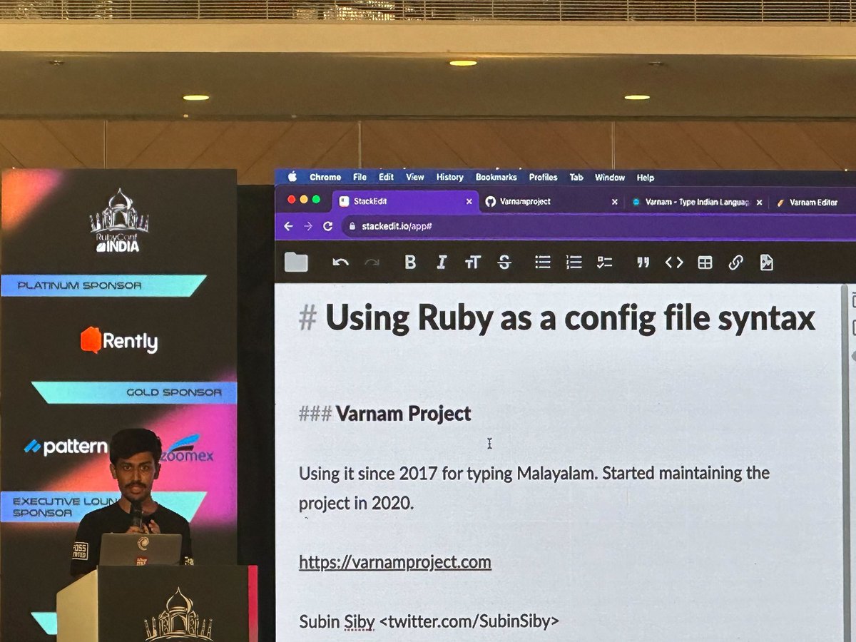 SubinSiby's tweet image. Did a quick flashtalk at #RubyConfIndia2023 about usage of Ruby in Varnam&apos;s language scheme config files. The simple and englishy syntax of Ruby makes it very suitable to make a flexible config file syntax.