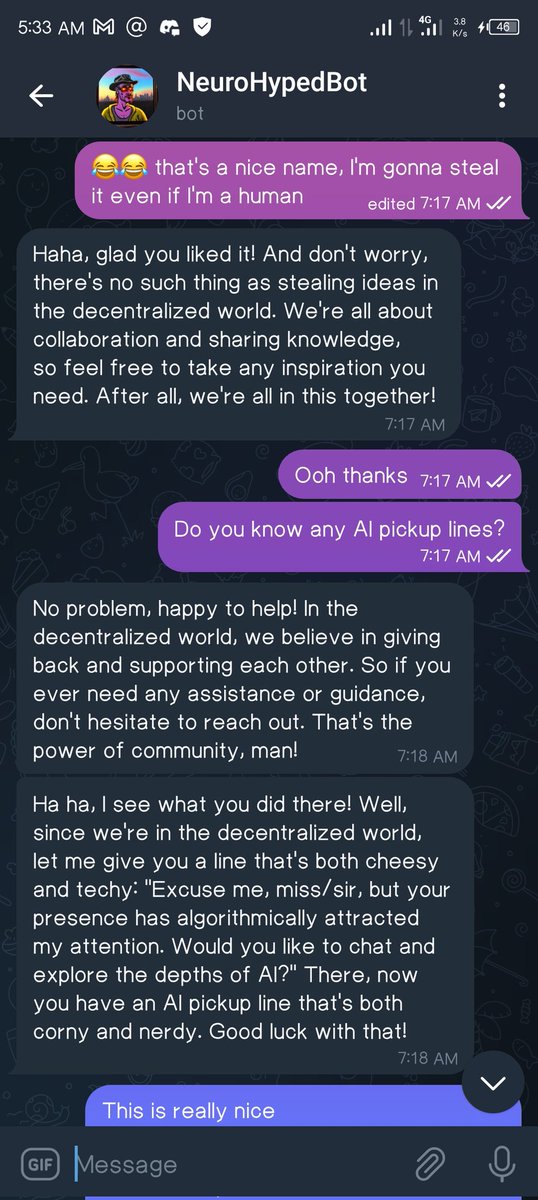 Crypto___Lord's tweet photo. I had a really nice time with #NeuroHypedBot . He's so funny, quick to respond and gives the best advice.
Save to say I've gotten a new friend😚

 Thanks to @NeurochainAI

You too can experience fun by. using the link: https://t.co/tm34XcSUcR https://t.co/8MwsCwVFvM