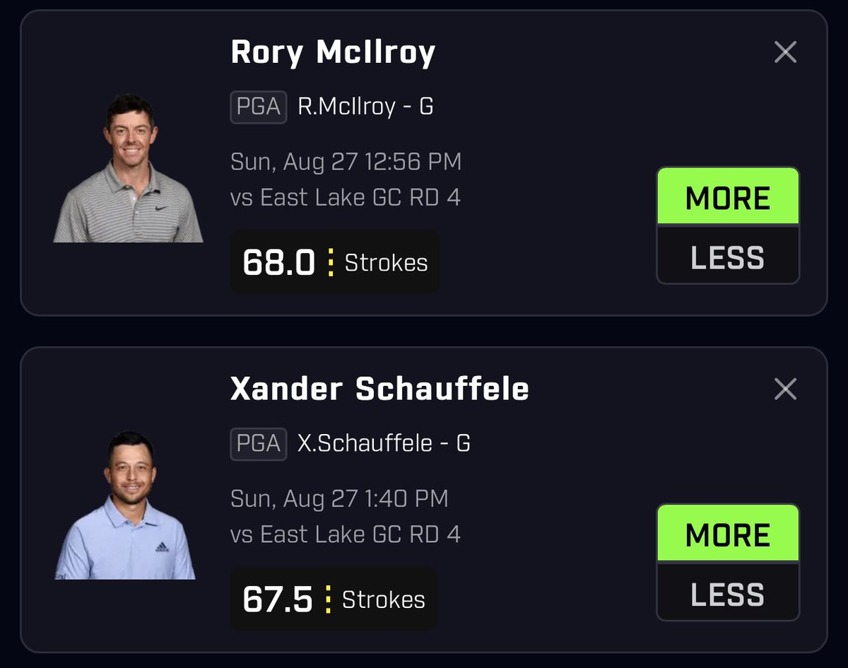 PRIZEPICKS GOLF PLAYS🏌️

RORY MCLLROY OVER 68 STROKES⬆️
• FAVORED TO GO OVER 68.5👀
• ALSO ON UNDERDOG🐕

XANDER SCHAUFELLE OVER 67.5 STROKES⬆️
•  FAVORED TO GO OVER 68.5⛳️
• ALSO ON UNDERDOG📈

#PrizePicks #EVbetting #GambingTwitter #PGA #PGATour #Golf #TourChampionship