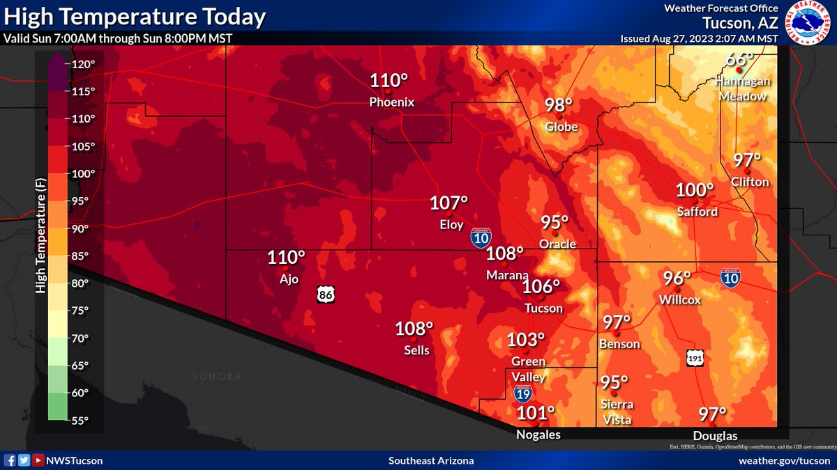 NWSTucson's tweet photo. High temperatures today will be in the mid 90s to around 100 degs in the eastern valley's and between 103-111 degs from Tucson westward. There will be a chance of showers and thunderstorms primarily from Tucson south and southwestward during the afternoon and evening hours. #azwx https://t.co/eeTCj1PE4v