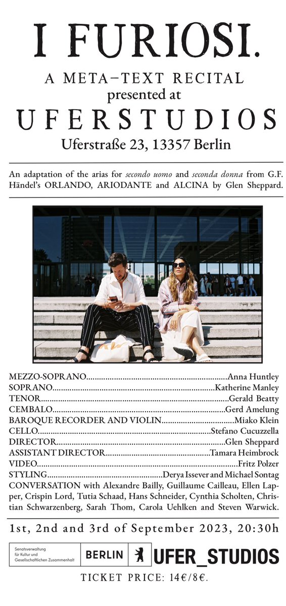 I Furiosi, my ‘meta-text recital’ premieres this Friday 1 September with additional performances 2 and 3 September at Uferstudios Berlin. Using arias from Handel and ethnographic video footage taken with creators and artists. #handel #operainberlin #musiktheater #earlymusic