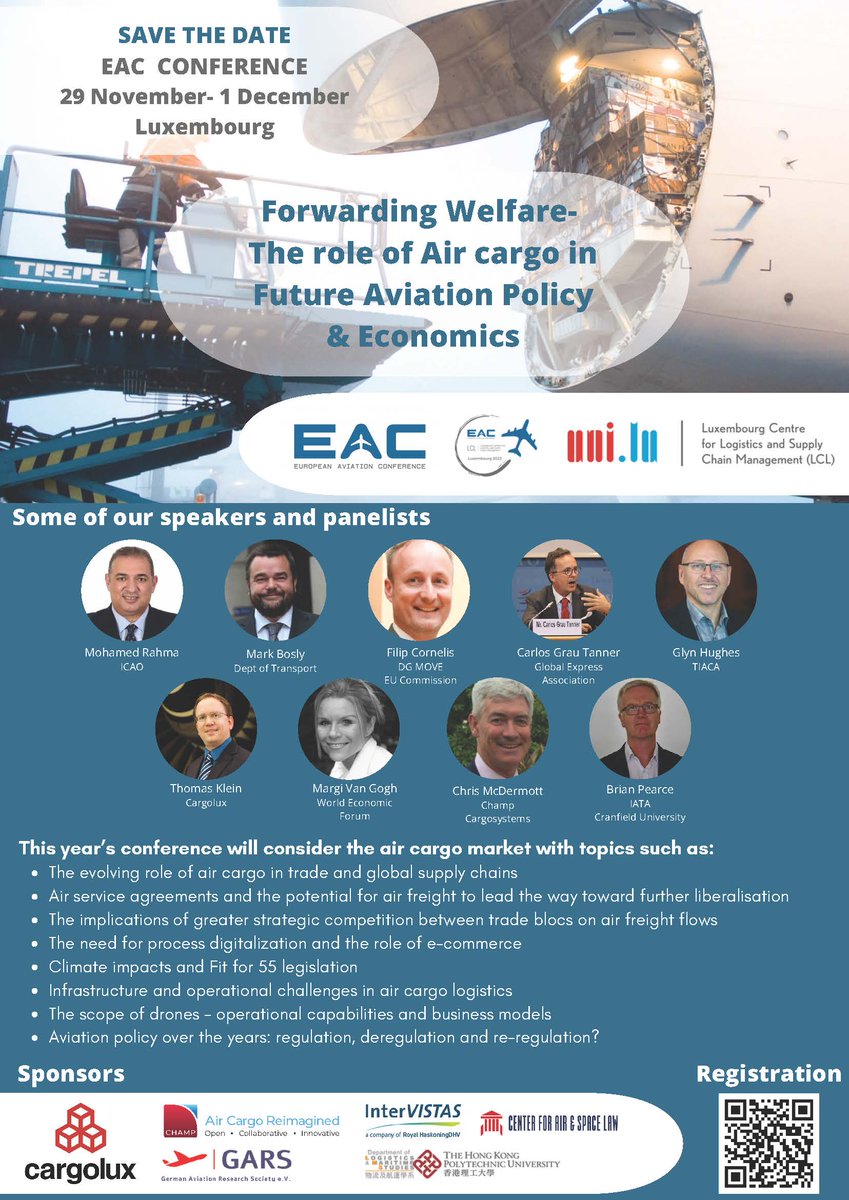 Register now for the amazing European Aviation Conference "Forwarding Welfare - The Role of Air Cargo in Future Aviation Policy &amp; Economics - 29th November to 1st December 2023 in Luxemburg

eac-conference.com/ticketing

#EuropeanAviationConference #EAC2023 #Aviation #AirCargo