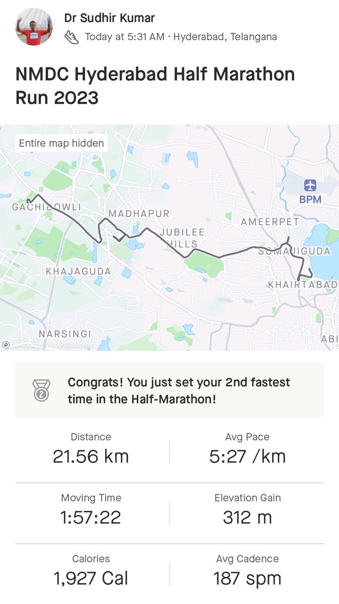hyderabaddoctor's tweet photo. Enjoyed today's half marathon run  @Marathon_Hyd. 
Great enthusiam among the runners and very well managed by the organizers. It was lovely meeting many runners. 
Happy to finish the toughest city half marathon with a great timing.
@rashmi_sudhir4 
#running #fitness  @FitIndiaOff https://t.co/Try6B73RCG