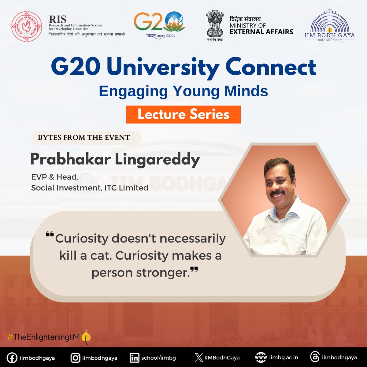 Mr. Prabhakar Lingareddy, EVP and Head Social Investment, ITC,  engaged in a candid conversation around new industry relevant skills.

#G20 #Universityconnect #moe #NarendraModi #guestlecture #innovation #G20India2023 #G20India #G20Summit #iimbodhgaya #ipm #emergingcareers #mba
