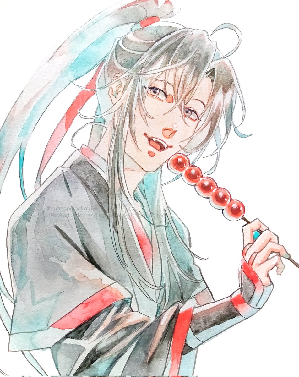 1boy male focus ponytail long hair food solo chinese clothes  illustration images
