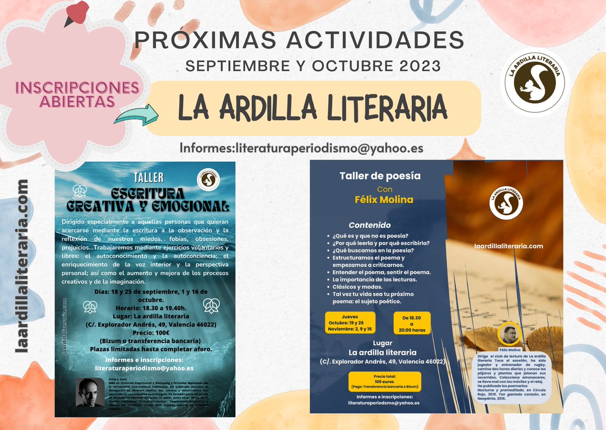 Elgareategui1's tweet photo. ¡Anímate a participar! Próximas actividades en La ardilla literaria. Informes: literaturaperiodismo@yahoo.es
https://t.co/FvsdYFGanA
#tallerdeescritura #tallerdepoesia #envalencia #talleresdeescritura #sanaescribiendo #amolapoesia #aprendoaescribir #lapoesianosune #escribires https://t.co/9xPzeClPdN
