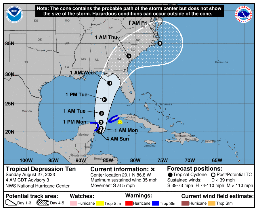 NWSGSP's tweet photo. Tropical Depression 10 continues to develop near the Yucatan Peninsula. It is expected to become a tropical storm later today, then a hurricane by Tue. Depending on the track, impacts are possible across the western Carolinas and NE GA, mainly Wed. into Thu. #ncwx #scwx #gawx https://t.co/Fn5FVs47Vn
