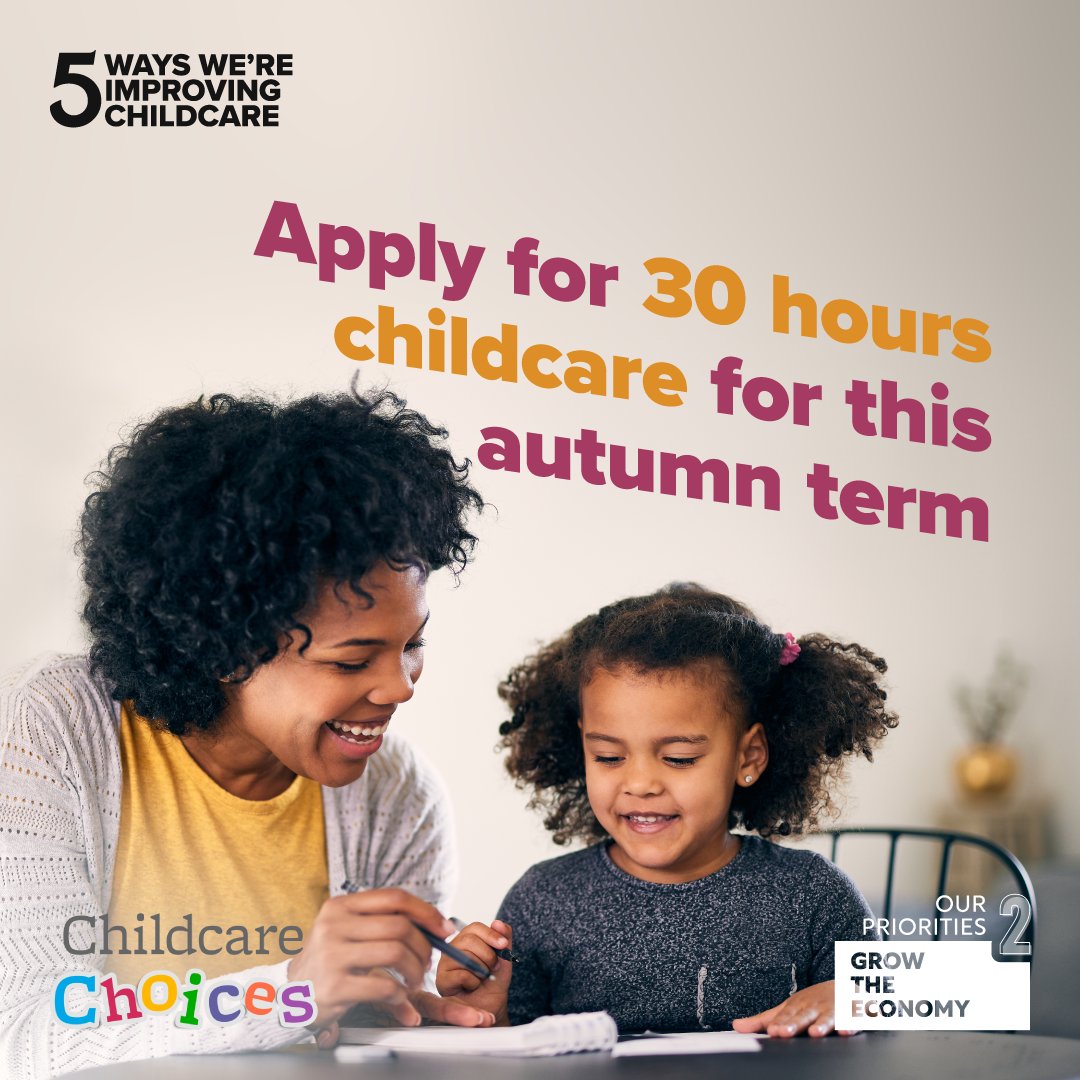 If you have a child aged 3 or 4, there are just four days left to apply for your 30 hours code ahead of the autumn term. 

Did you know that help with the cost of childcare is expanding from April 2024? Visit the Childcare Choices website to find out more: childcarechoices.gov.uk