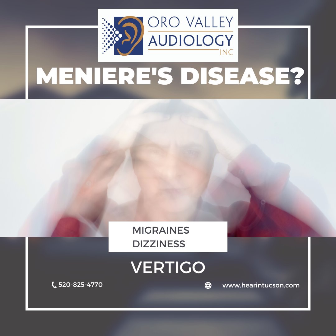 HearInTucson's tweet photo. Meniere’s Disease occurs in 12 of 1000 people. Patients often tell us, “I was diagnosed with Meniere’s Disease,” and they’re still having dizzy episodes. Other causes of dizziness, like vestibular migraines, can mimic Meniere’s Disease symptoms. #OroValleyAudiology https://t.co/MGvzlwXKpj