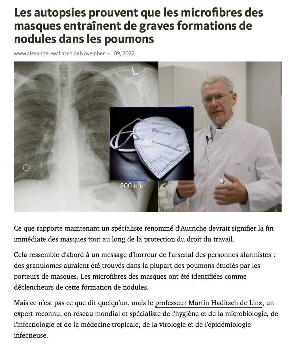 Autriche (rappel) : le professeur Martin Haditsch, de Linz, a trouvé des granulomes dans la plupart des poumons examinés par des porteurs de masques. 

Les microfibres des masques ont été identifiées comme le déclencheur de ces nodules.