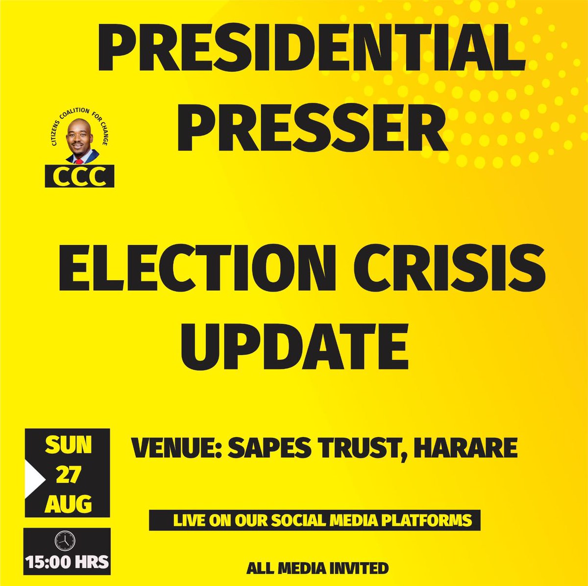 pmkwananzi's tweet photo. Citizens

The time we have all been waiting for reckons. A new Zimbabwe in our lifetime is inevitable. The Victor President @nelsonchamisa  will address us.
#Thebiggestfightofourlives 
#NoTo5MoreYears https://t.co/GMbWtGaa29