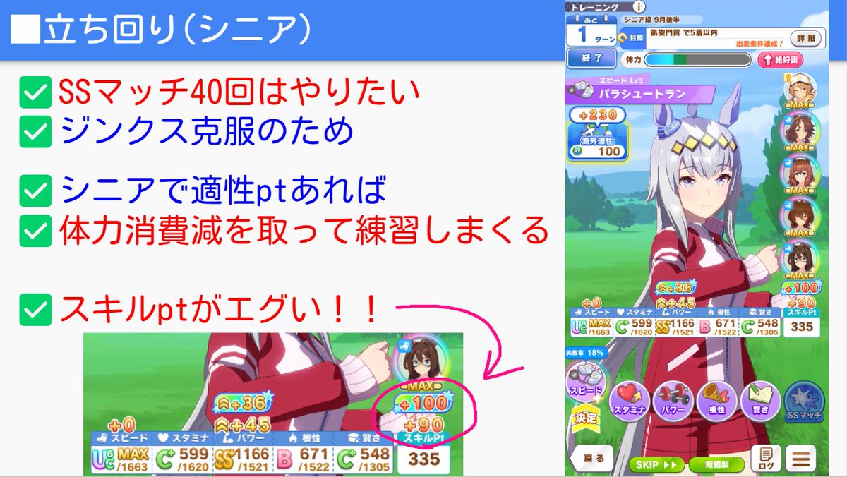 Nottinjpn's tweet photo. 【ウマ娘 新シナリオ版 因子周回まとめ】

✅デッキ構成
スピ５メイ１
✍️メイちゃんは必須
理由：因子周回はレース出るのでゲージが溜めにくい

持っている中で強いサポカを入れる
エル/ジャンポケ/水マルあると便利

まずはやってみるためにレスボ気にしなくてもOK
あればレスボ35でもいい

ジャンポケレスボ10、トプロは因子周回だけでは使えるかも、フクキタル体力消費減

✅ローテーション
安田記念をクラッシックでも可と考えている
理由：
①メイちゃんバステ保護あるため肌荒れにならない
②シニアターン空きがなく忙しい

10月後半以降はレースが出れない
菊花賞/秋華賞/天皇賞(秋)
✍️秋ウマ娘因子になる天皇賞(秋)を重視

✅立ち回り
✅ジュニア期
基本的にメイちゃん追いかけ
ヒント＋メイちゃんがいるとよい

✅クラシック期
✅海外適性取得ターン固定化
因子周回の負担を減らすため考えることを少なくする

✍️ジュニア12月：全Lv2

✍️最初の合宿：スピ→SP

✍️凱旋門賞前：スタ根克服

✍️300pt溜まり次第：友情取得
(友情取得はシニアにずれ込むこと多め)

✅シニア期
SSマッチ40回はやりたい：ジンクス克服のため

✍️シニア合宿で適性ptあれば
✍️体力消費減を取って練習しまくる

そうすると画像のようにスキルptが稼げる
※カンストしてもスキルptのためにスピ踏む

これでスキルptが稼げます！

続きのスライドあります↓