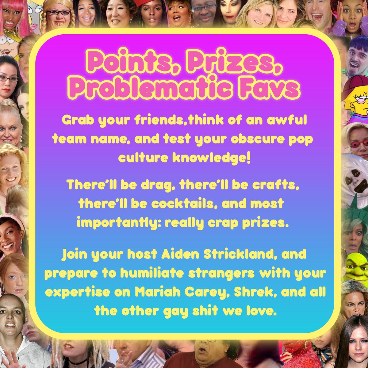 THIS THURSDAY 

Come down to <a href="/TheKaraokeHole/">The K Hole</a> for the stupidest, gayest quiz you’ve ever seen

Tix PWYC

outsavvy.com/event/15426/po…