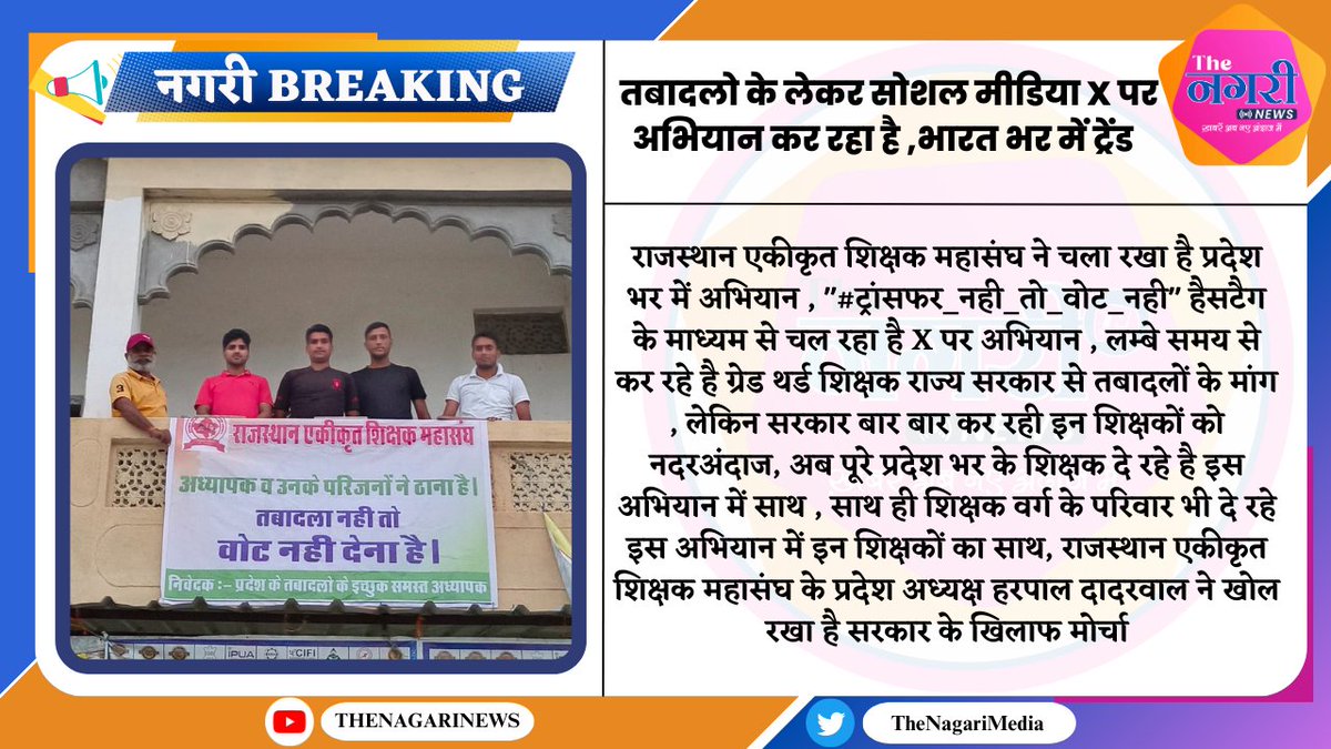 #jaipur तबादलो के लेकर #सोशल मीडिया X पर अभियान कर रहा है #भारत भर में ट्रेंड
<a href="/Dadarwal7/">Harpal Dadarwal</a> <a href="/ashokgehlot51/">Ashok Gehlot</a> <a href="/RajCMO/">CMO Rajasthan</a> <a href="/DrBDKallaINC/">Dr. Bulaki Das Kalla</a> 
 #ट्रांसफर_नही_तो_वोट_नही   #ट्रांसफर_नही_तो_वोट_नही