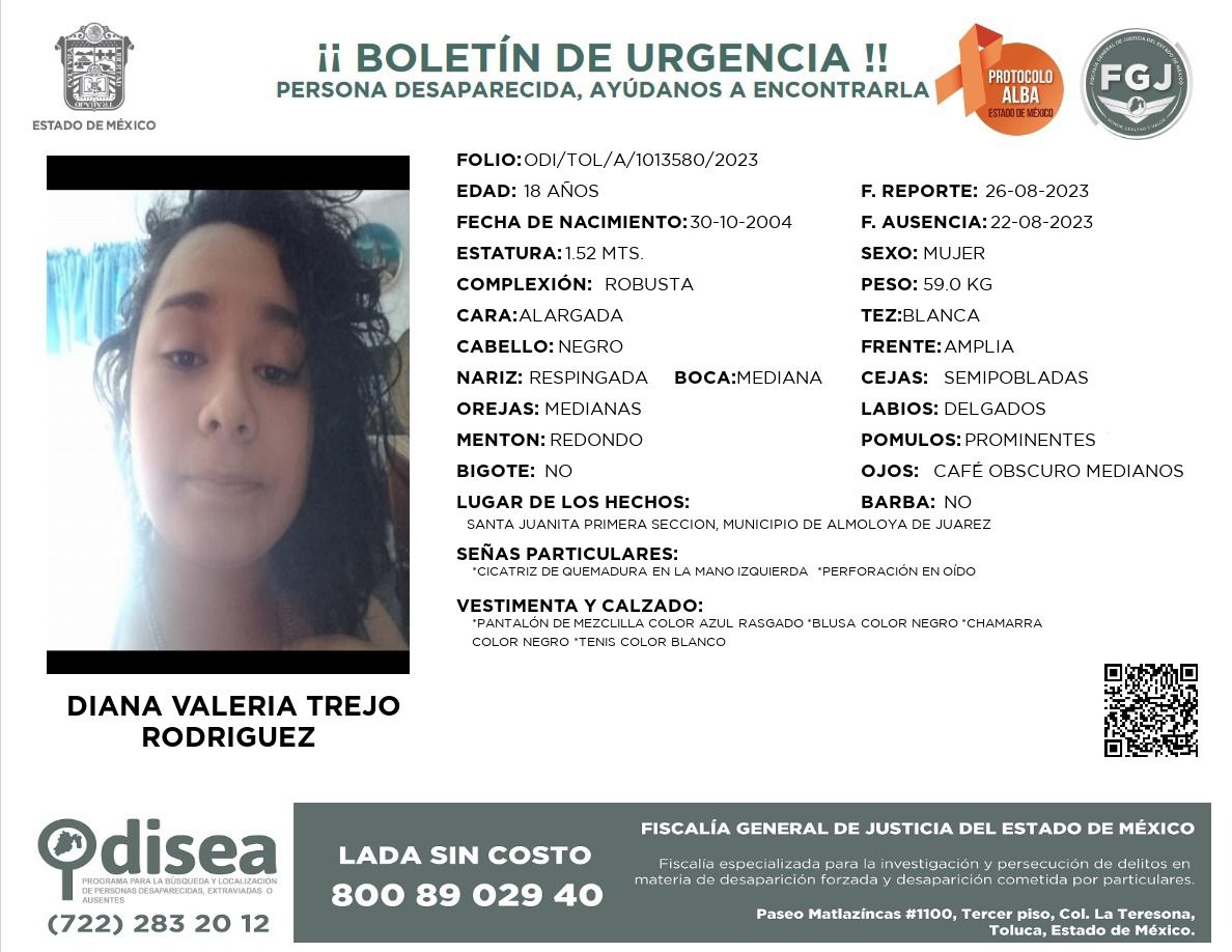 Ayuda para saber si hay algún información para localizar a : Diana Valeria  Trejo Rodríguez muchas gracias...