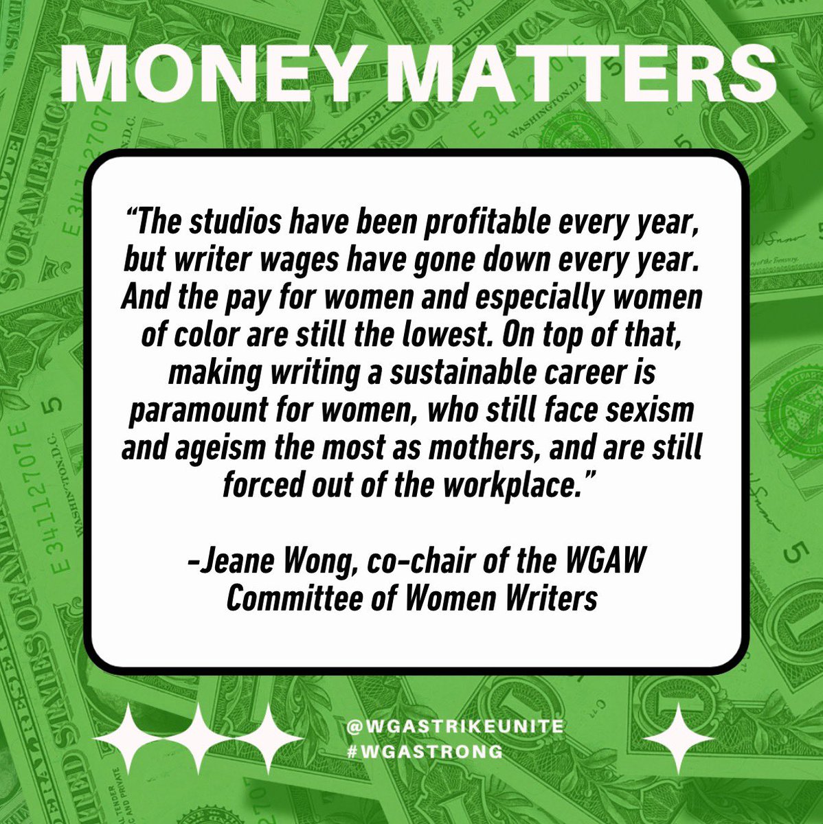 On #WomensEqualityDay, @jeanedevivre reminds how much womxn have at stake in this fight. The #WGAStrike not only a fight for fair pay & better worker protections for all, but an essential battle in the fight against gender & racial inequality in our profession too. #WGAStrong