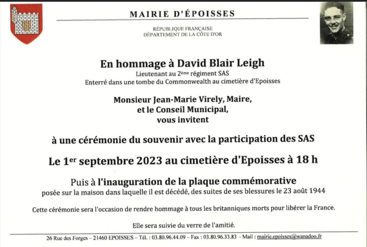 EddeGuitaut's tweet image. Not too far from there, in the village of Epoisses, next Friday a commemorative plaque will be unveiled to honour David Blair Leigh , 2nd SAS, who died on August 23 1944 .  Leigh is buried in the village cemetery .