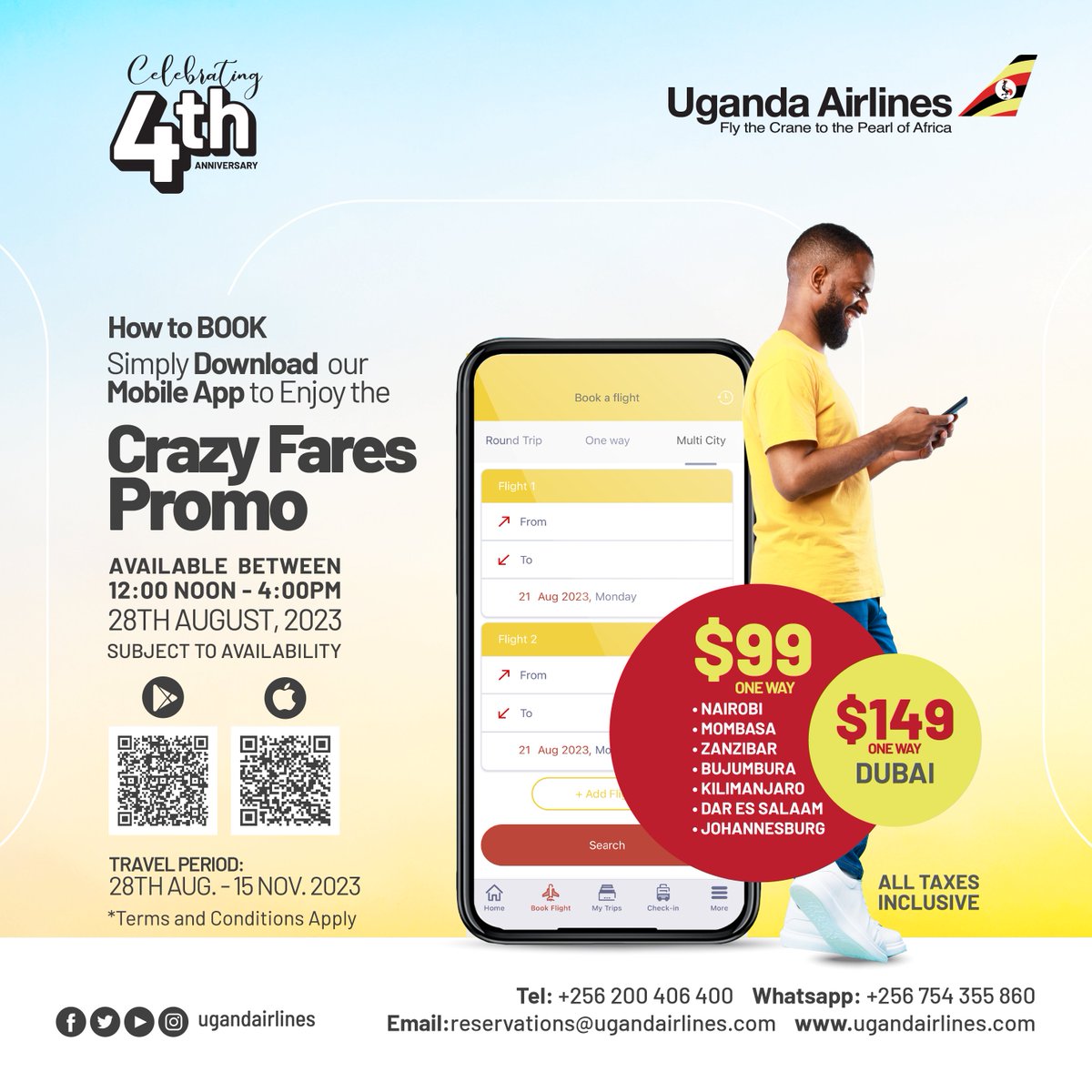 A few hours to go!
Download the #UgandaAirlinesApp and enjoy #CrazyFares as we celebrate #UgandaAirlinesat4 
Google Play store: bit.ly/ugandairlinesa… 
APP Store: apple.co/3P4sOY0