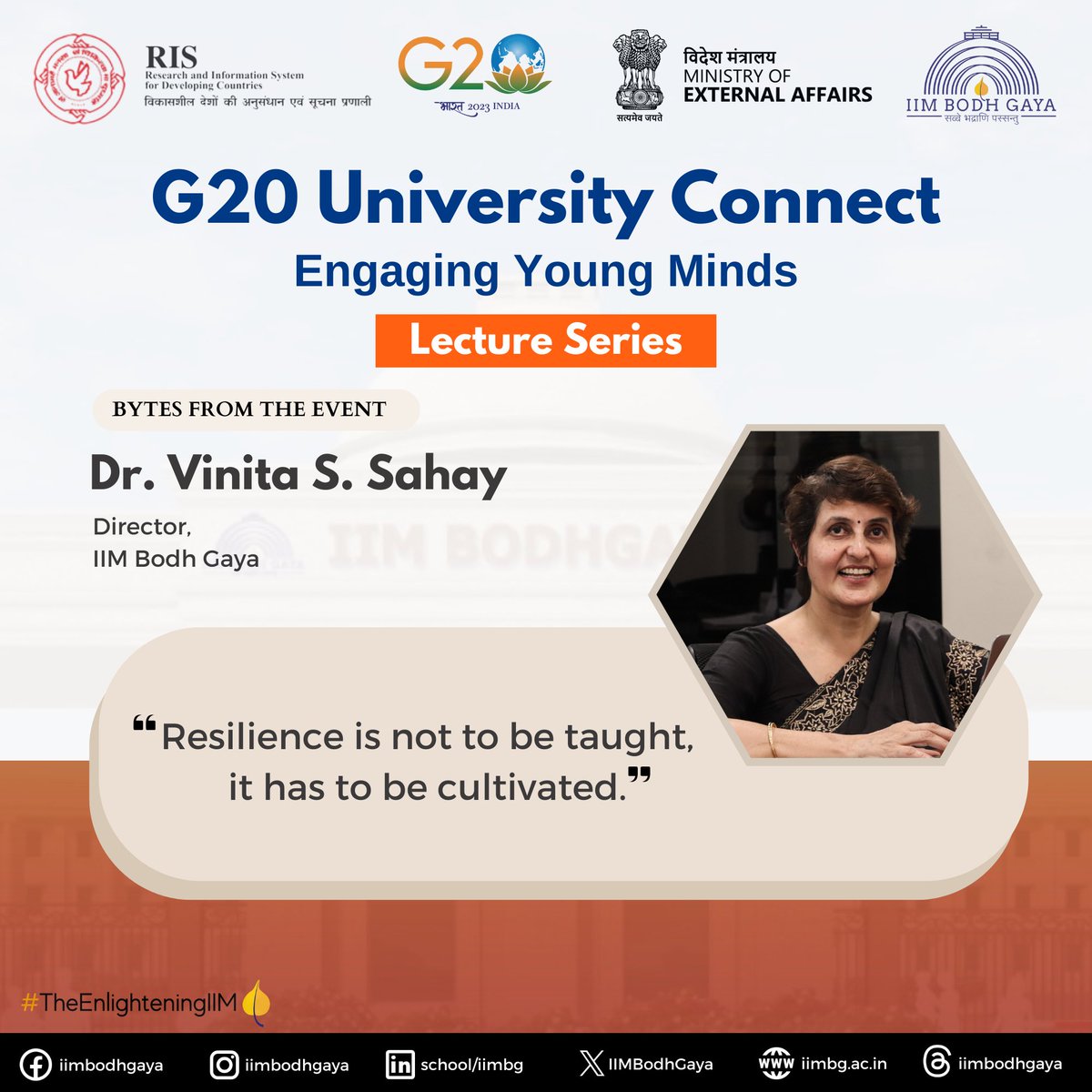 Professor Vinita S. Sahay, the Director, IIM Bodh Gaya addressed the G20 Lecture Series and emphasized the importance of persistence.

#G20 #Universityconnect #moe #NarendraModi #guestlecture #innovation #G20India2023 #G20India #G20Summit #iimbodhgaya #ipm #emergingcareers #mba