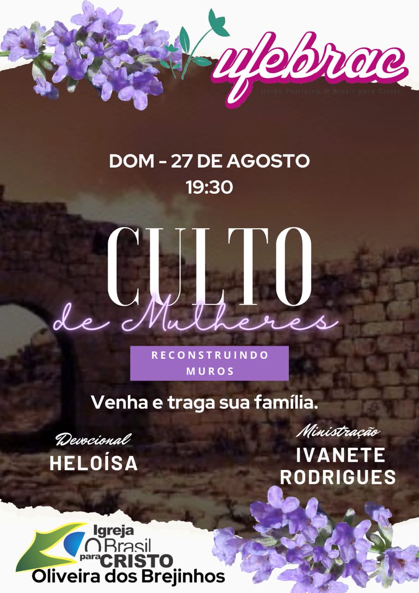 Obpc_Brejinhos's tweet photo. Culto das Mulheres.
#Ufebrac 🌸
Hoje, às 19h30.
Será uma bênção! Tudo na direção do Espírito Santo do Senhor.
A Honra, a Glória e o Louvor seja dado somente a ti, Senhor Jesus !
#CultodasMulheres #Ufebrac #TemploObpcsede #Obpcoliveiradosbrejinhos #JesusReidosReiseSenhor https://t.co/dQsFVec6mV