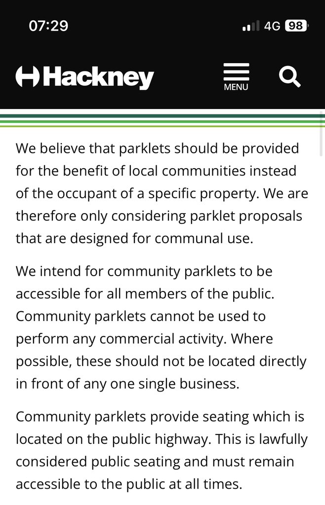 @metecoban92 @_wearepossible @JoeWalkerUK @mayorofhackney @HackneyLivingSt @BrendaPuech @AxtellCarolyn The @hackneycouncil parklet guidance by (hackney.gov.uk/parklet-guidan…) suggests parklets provide seating and are accessible. The @_wearepossible parklet is neither. That’s not right. New parklets should follow the guidance.