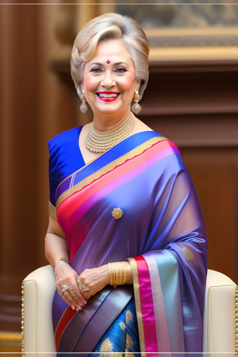🌟 Who knew political elegance could take a global twist? 👗🌍 Hillary Clinton rocking a stunning saree is a powerful fusion of cultures and style! 🤩✨ #HillaryInSaree #CulturalFusion #EleganceUnleashed #leonardoai #desi #indian #sareeswag #desivibes